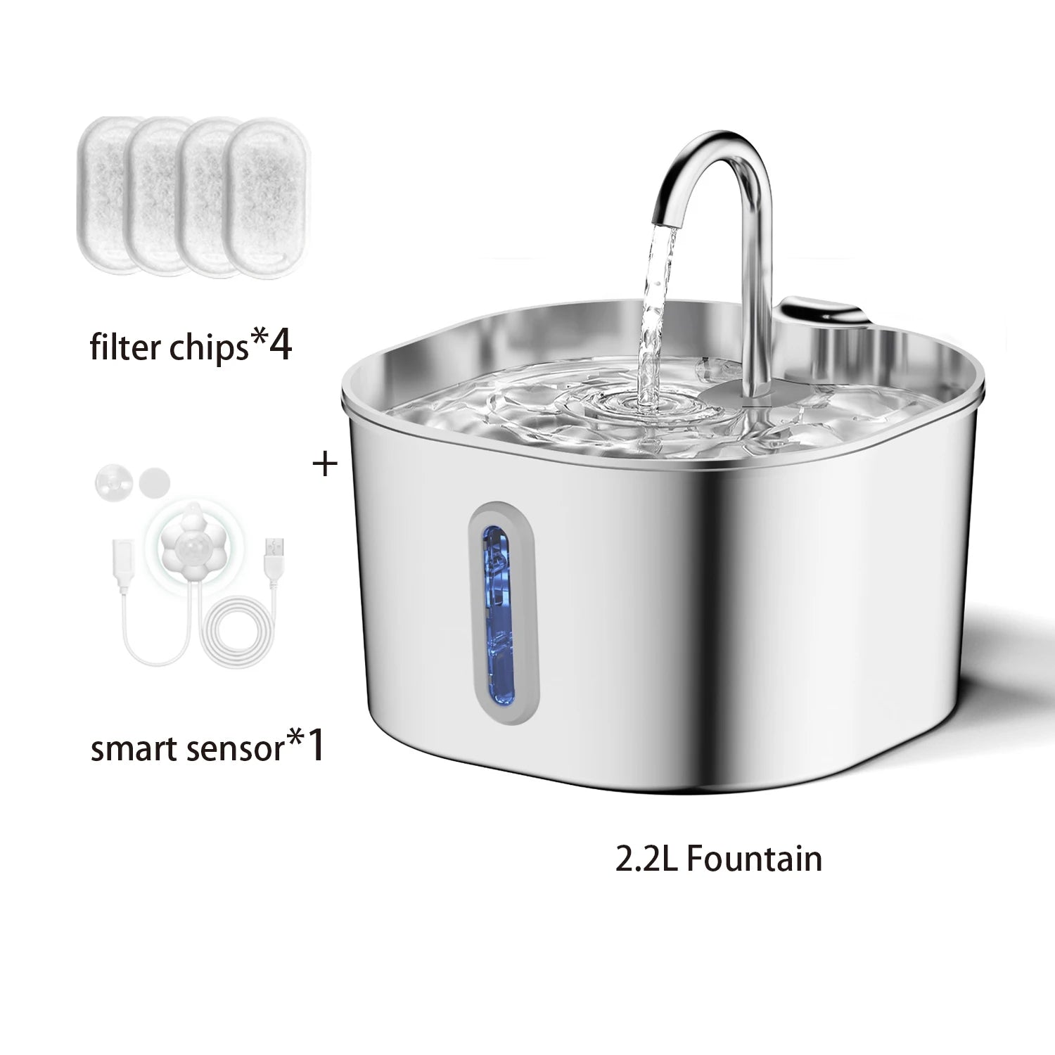 ZYFeeder 2.2L Automatic Cat Water Fountain Square Stainless Steel Pet Water Feeder Dog Water Fountain with window（No 5V 1A Plug）